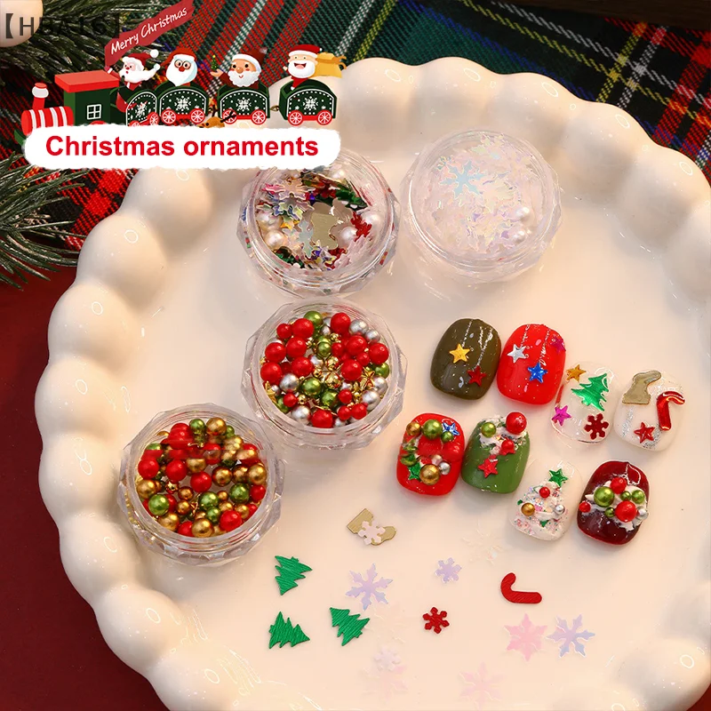 〔HBA16〕Christmas Red/Green Pearl Nail Rhinestone Mixed Size Pearlescent Colorful Beads Nali Charms Christmas Manicure Jewelry