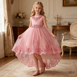 Elegant Trailing Flower Dress for Girls Embroidery Wedding Party Dresses for Kids Bow Birthday Evening Princess Children Costume