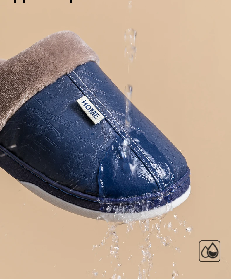 Herren Winter PU-Leder Wasserdichte Geschlossene Warme Hausschuhe, Slip-On mit Dickem Plüschfutter, Rutschfeste Weiche Sohle, Gemütliche Hausschuhe – Detail 7