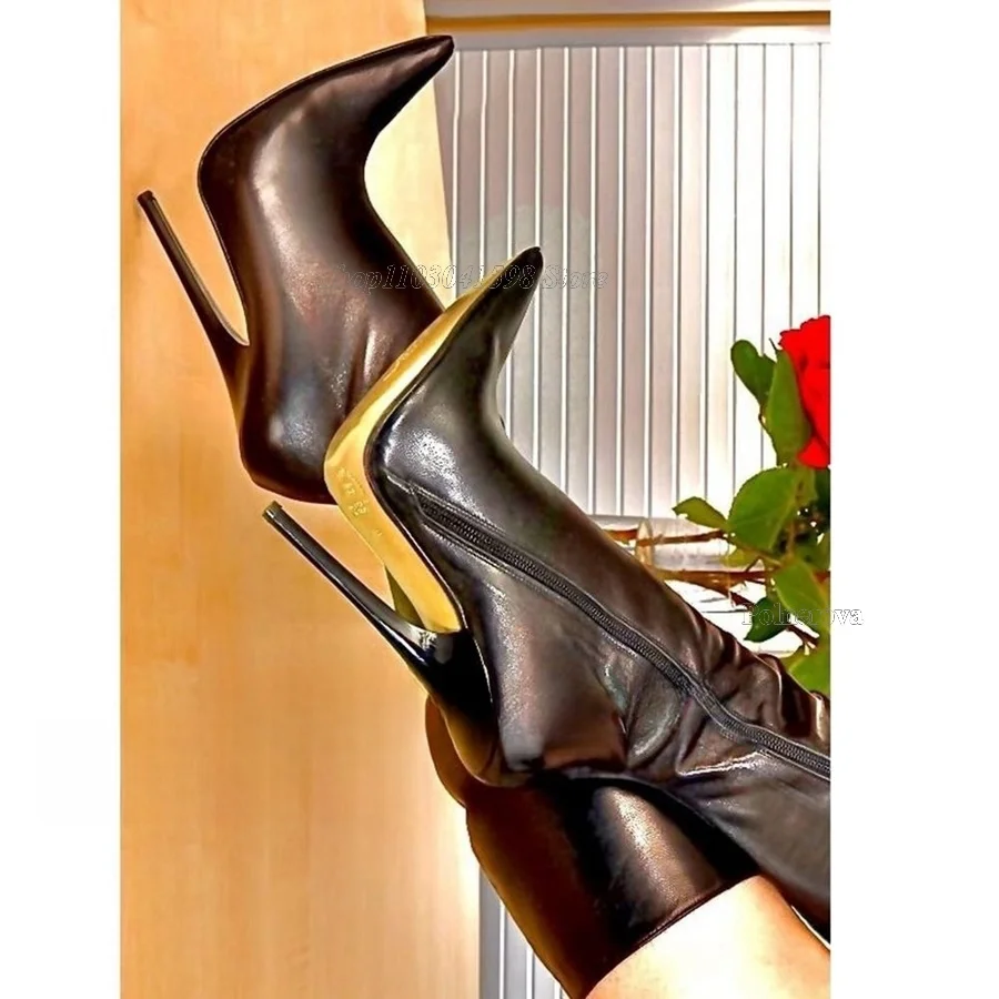 Black Leather Calf Boots Fall New Zipper Women Boots Fine Heel Pointed Toe Boots High Heels Party Boots 2023 Zapatos Para Mujere