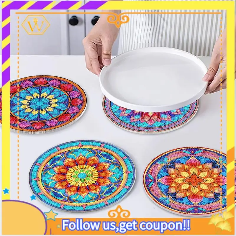 Latest-4Pcs DIY Diamond Art Painting Placemat Round Non-Slip Acrylic Table Mats For Table Decor Durable A