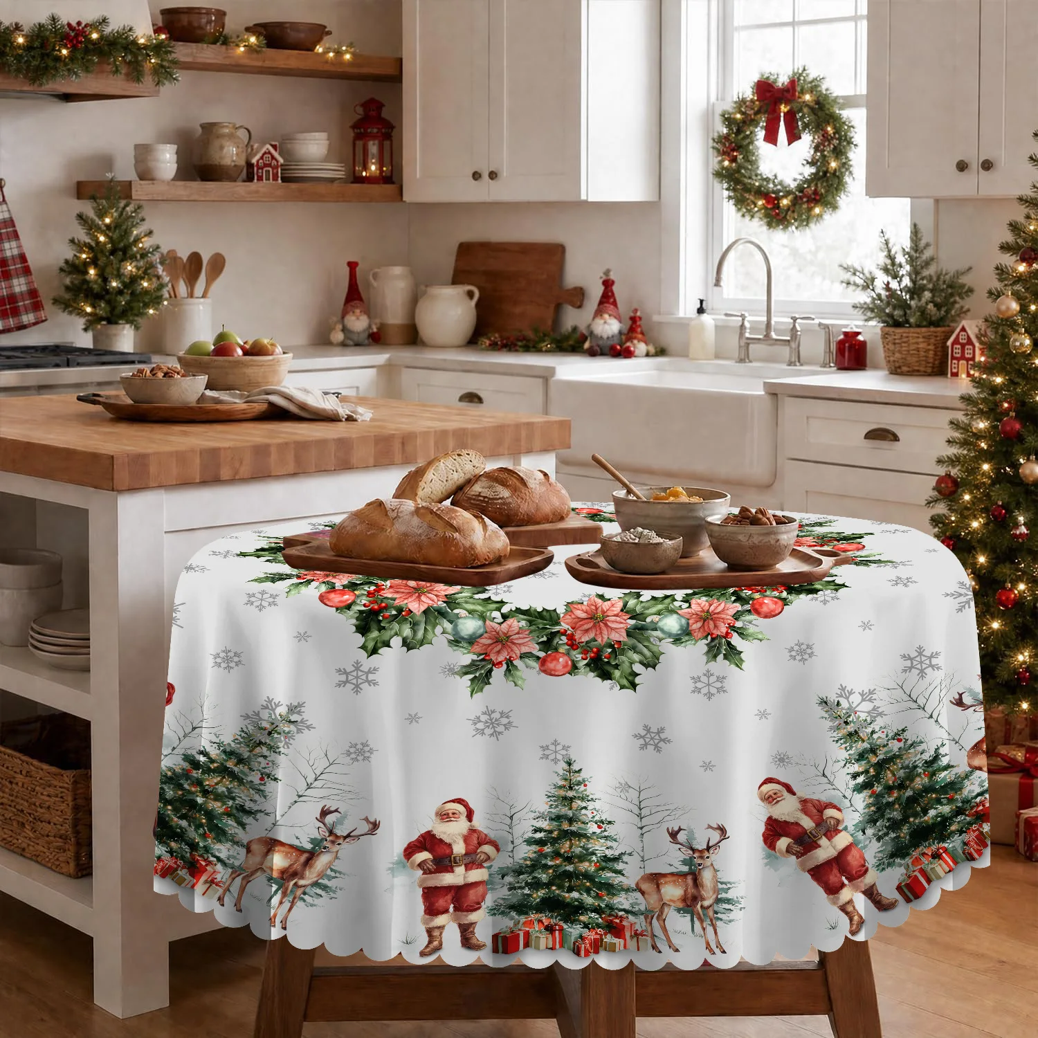 Watercolor Christmas Round Tablecloth, Santa Reindeer Xmas Tree Table Cover, Holiday Party Dining Table Decor for Home Kitchen