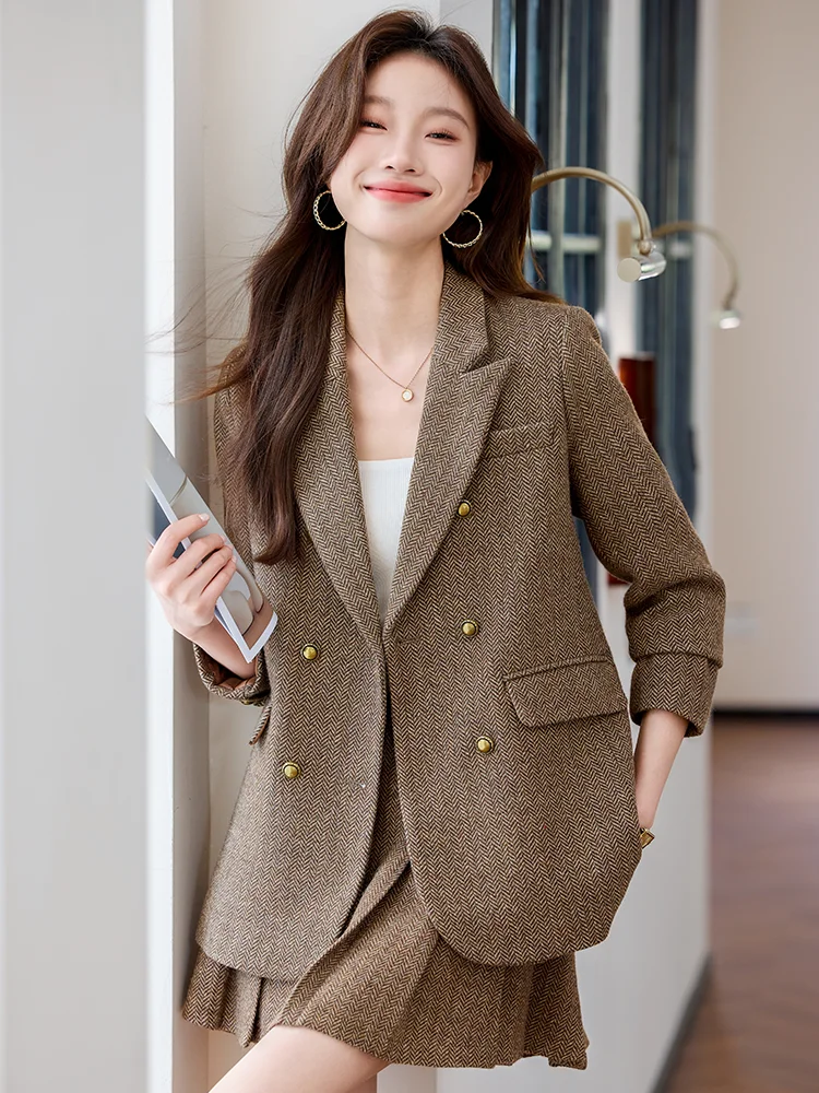 Caramel Woolen Suit Jacket Women's Loose plus Size Autumn Winter New Style Casual Trousers Set Office Commute Style Polyester