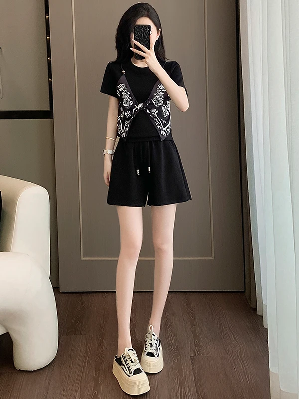 

Summer Casual Sportswear Set Women's Design Slimming Short Sleeve Top Shorts Two-Piece Set Black Leisure Fashion plus Size