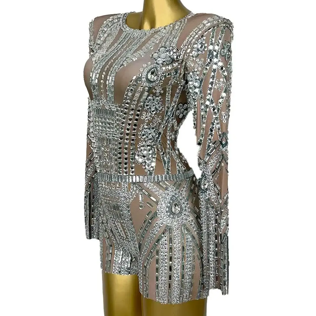Gorgeous Sparkly Rhinestone Tight Jumpsuit Shorts Women Sexy Bling Bodysuit Birthday Party Short Jumpsuit High-end Stage Wear