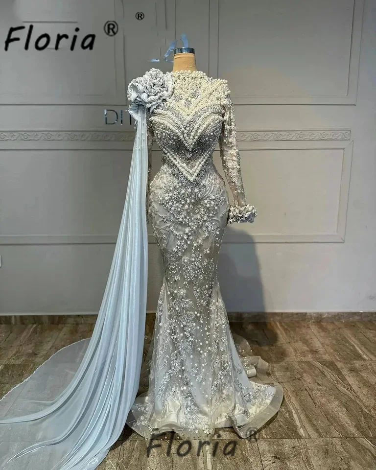 Elegante dubai pérolas frisado sereia vestido de noite cristais árabes ombro xale vestidos de festa de casamento personalizado alta costura muçulmano