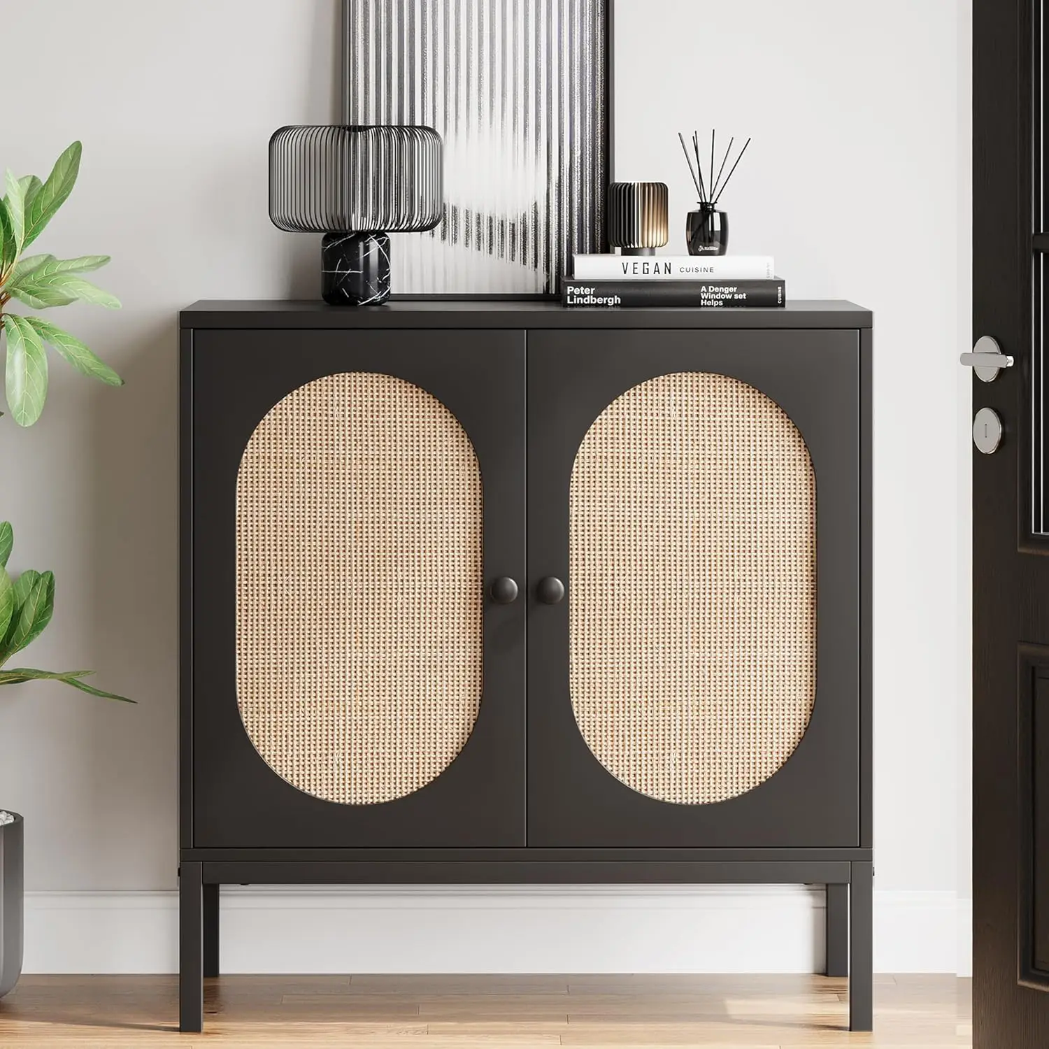 IDEALHOUSE Rattan-Buffetschrank, Aufbewahrungsschrank mit Türen und Regalen, Akzentschrank-Sideboard, schwarzer Konsolenschrank