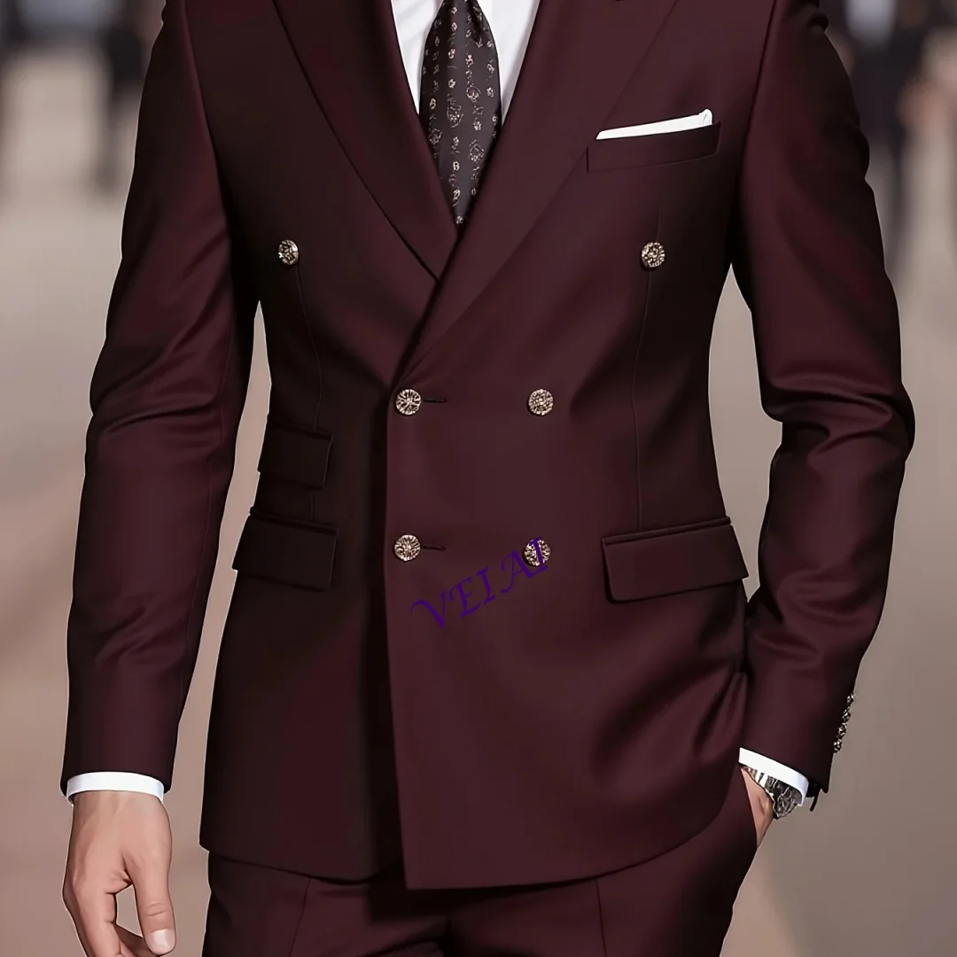

Customized2pcs Men's Casual - Solid Color Jacket Trousers, Regular Fit Matching Suit For Weddings, Business