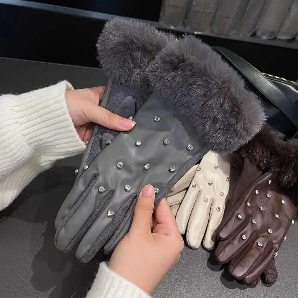 Womens PU Leather Gloves for Cold Weather Winter Warm Gloves with Faux Fur Trim Cuff Thermal Lining Party Gloves