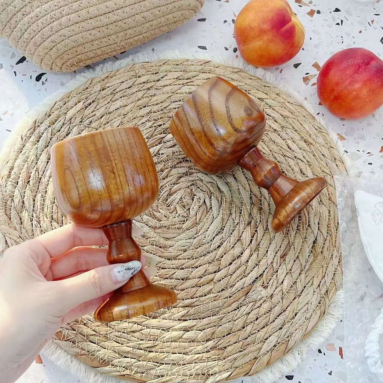 2Pcs Jujube Wood Vintage Wine Cup 5.1oz Medieval Drinking Cup Solid Wood Chalice Goblet Handmade Gift Home Bar Barware Water