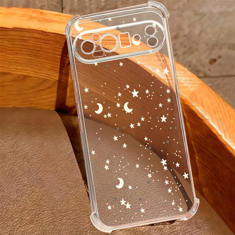 Star Moon Pattern Transparent Phone Case For Google Pixel 9 Pro 9A Pixel 9 Pro XL Clear Shockproof Anti-Fall TPU Soft Back Cover