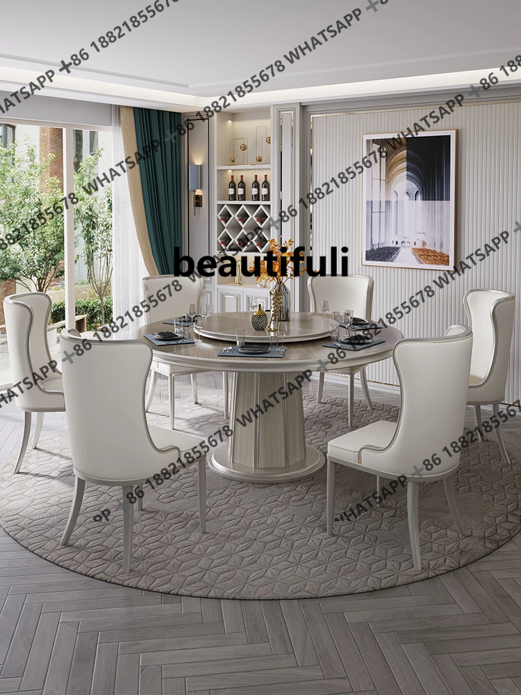 

American dining table and chair combination Modern light luxury with turntable furniture All solid wood leather dining chair