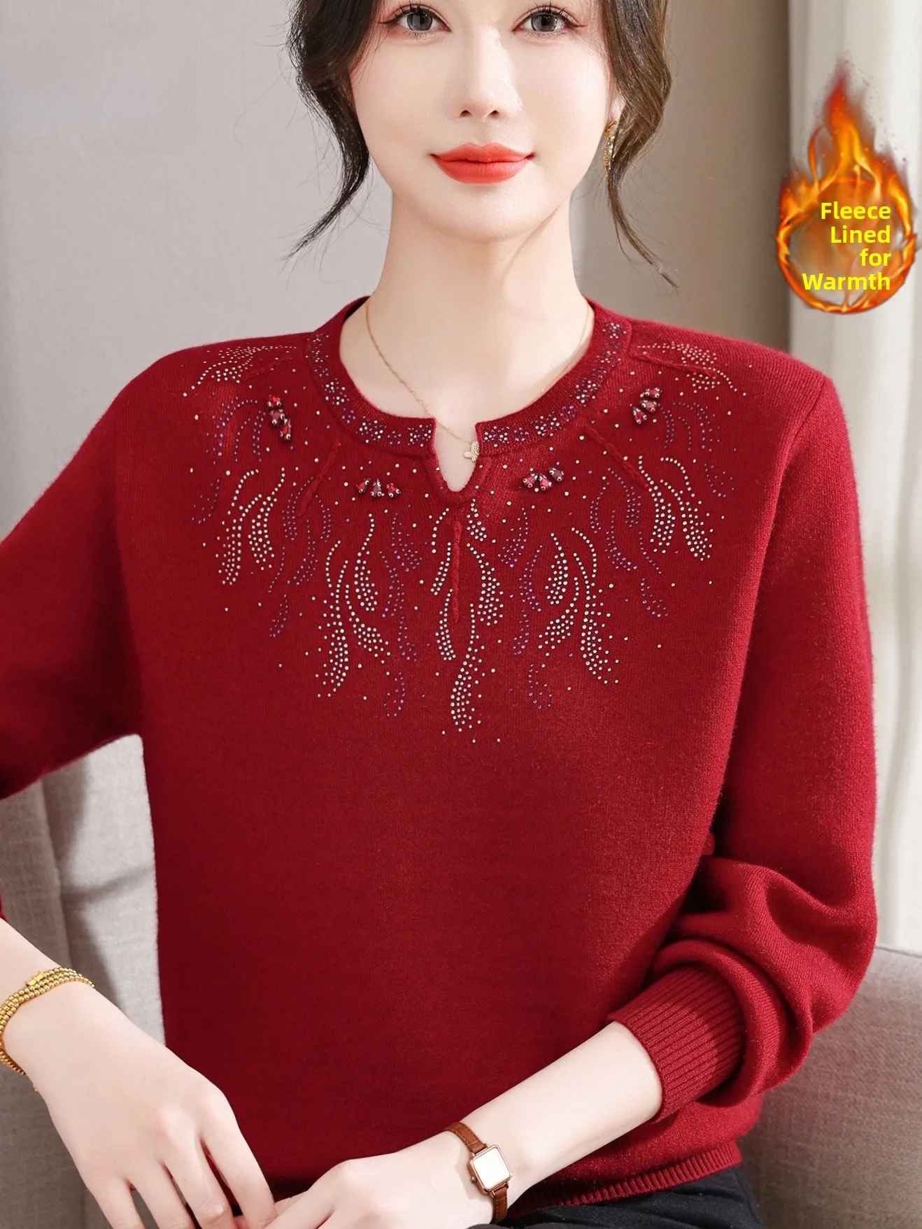 

Faionable Mid-aged And ly Women's Fce-lined Warm Knitted Sweater Mom Sle Embroidered Base irt Top for Daily Wear