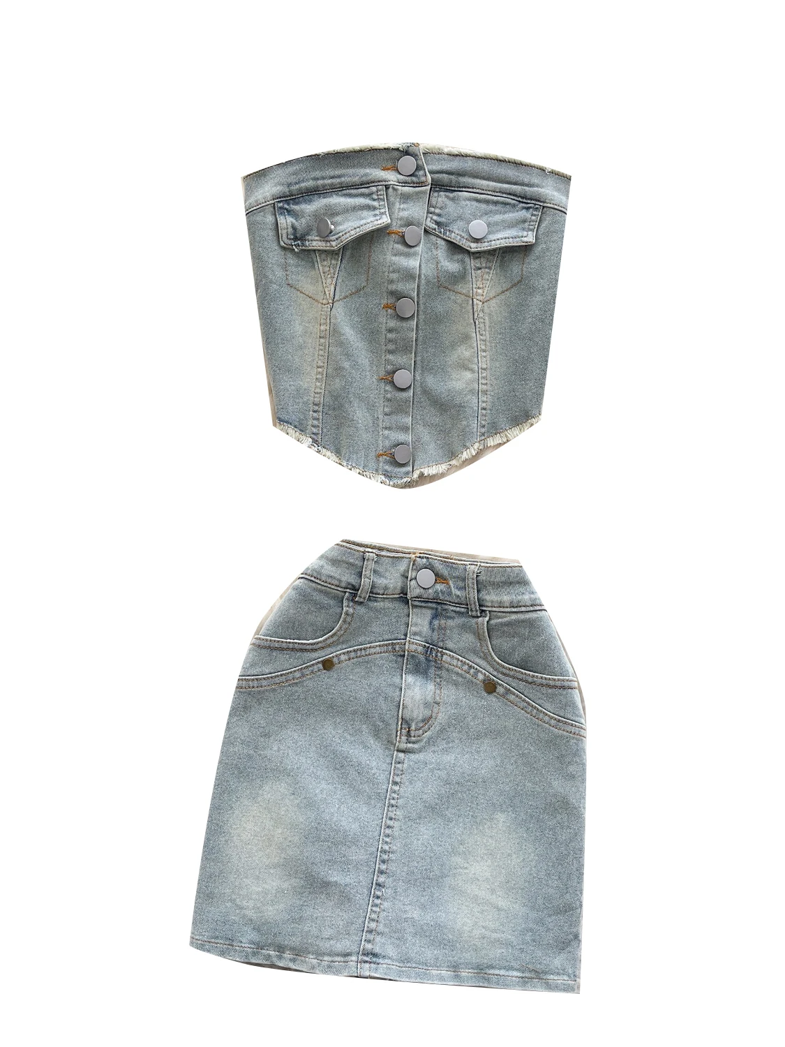 

Light Luxury Vintage Light Blue Denim Set Women's Summer High Waist Slim ort Skirt Pants with Fringe round Ne ort Sve
