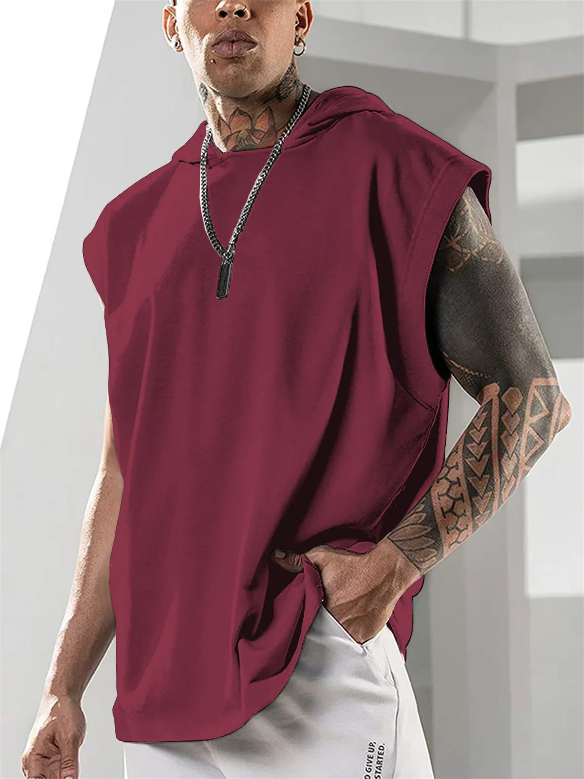 

New simple daily sleeveless vest men's casual solid color versatile hooded T-shirt Summer Men's fitness sportswear