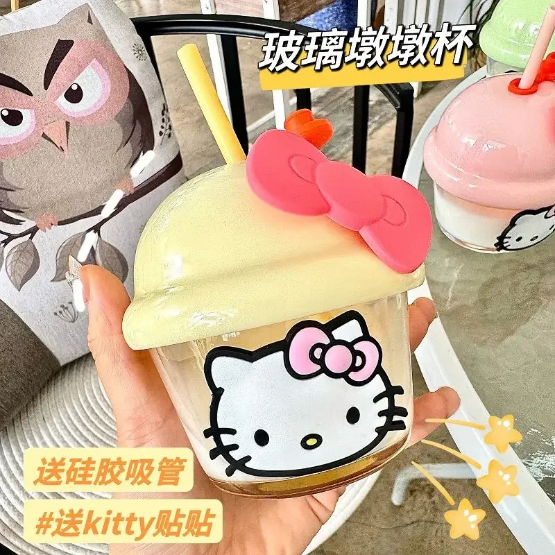 sanrio Hello Kitty creatieve glazen rietje beker voor meisjes anime cartoon hoog uitziende mini schattige dundun beker voor thuis vakantiecadeau