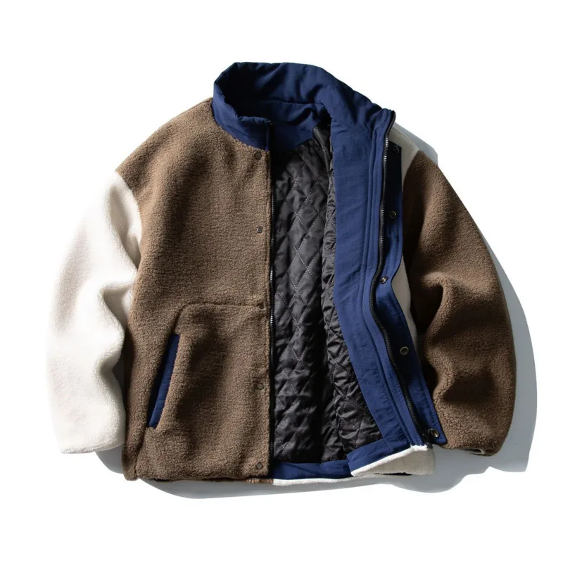 HKSH Winter New Women's Padded Coat Patchwork Contrast Color Stand Collar Multi-pocket American Retro Couple Warm Jacket HK15343