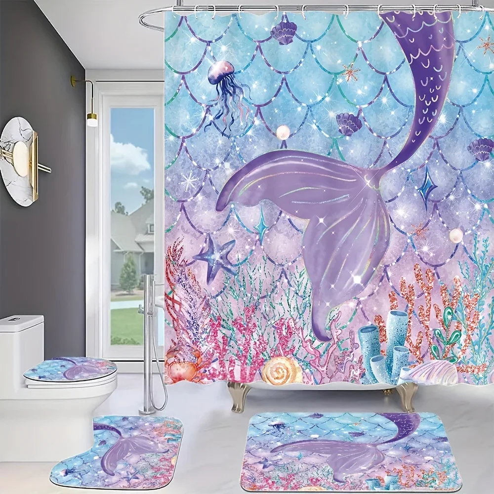 4PCs fantasy fishtail print creative shower curtain set, decorative bathroom set includes waterproof shower curtain, non-slip