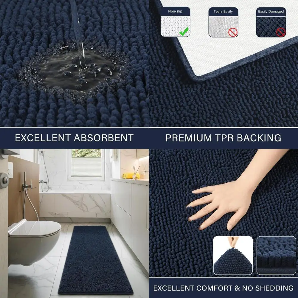 

Soft Plush Chenille Bath Mat, 24x70 Navy, Non-Slip, Washable Shaggy Rug for Shower & Bathroom