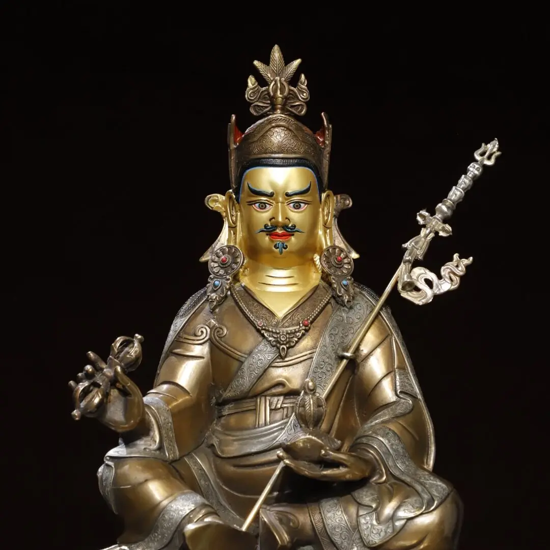 Padmasambhava Guru Rinpoche Statue Brass Silver Plated Antique Copper Tibetan Buddhist Home Temple Altar Decor Ornament