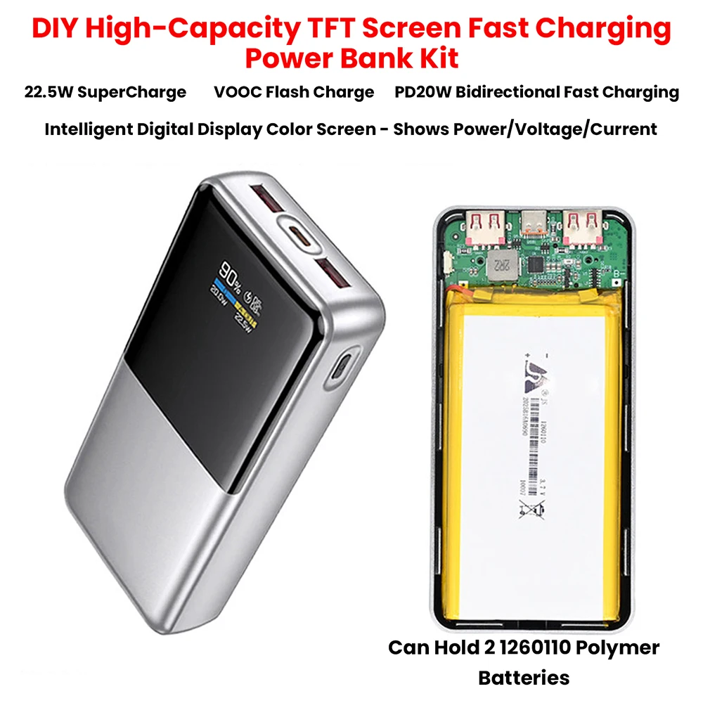 22,5W Schnelllademodul PD QC TFT Farbdisplay DIY Powerbank-Kit 3,7V Li-Ionen-Akku Vierfacher Sicherheitsschutz – Detail 11