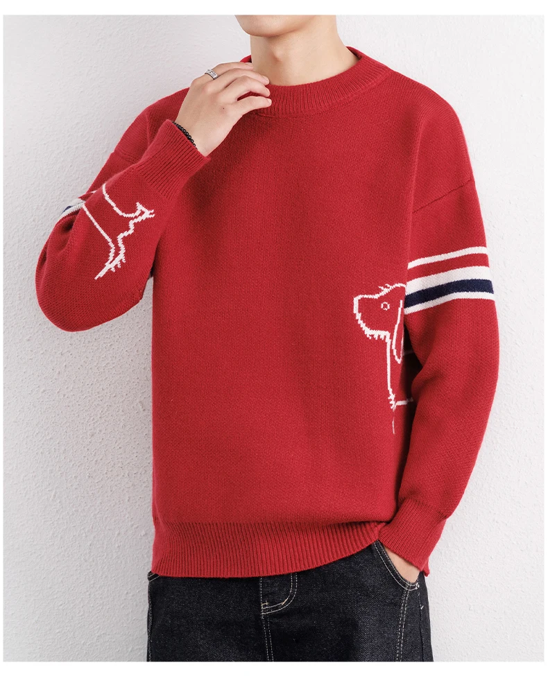 Luxus Marke Pullover Herren Herbst Winter Neue süße Welpen Druck Mode gestreifte Knopf Design Casual Warm Rund Stricken Sweater – Detail 10