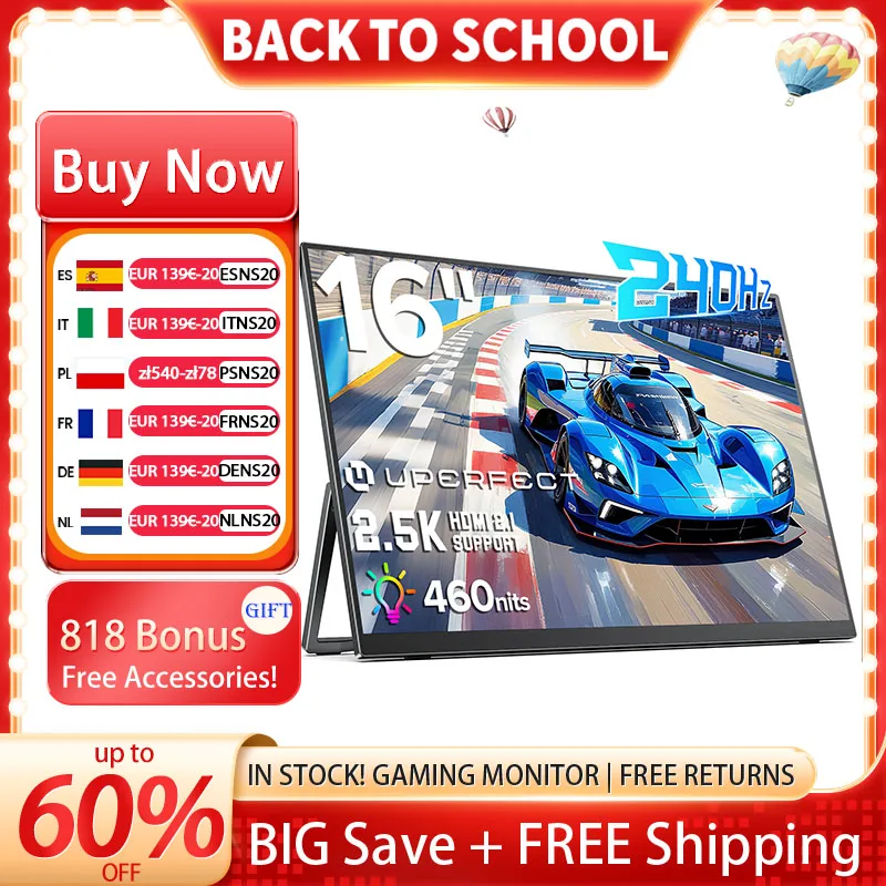 UPERFECT 16" 2.5K 240Hz tragbarer Monitor 2560x1600 460Nits 138% DCI-P3 Computer Display Gaming Externer Bildschirm USB-C HDMI für Laptop PC Telefon Schalter Spielkonsole mit Stand & VESA Lautsprecher