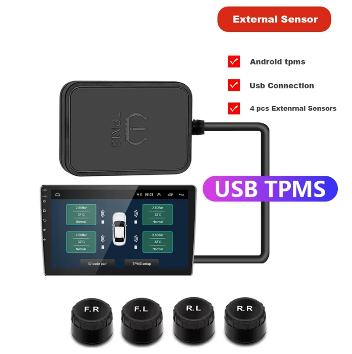 USB Android TPMS Wireless Navigation with 4 Sensors Car Tire Pressure Monitoring System Electronic Devices Smart Alarm Systems