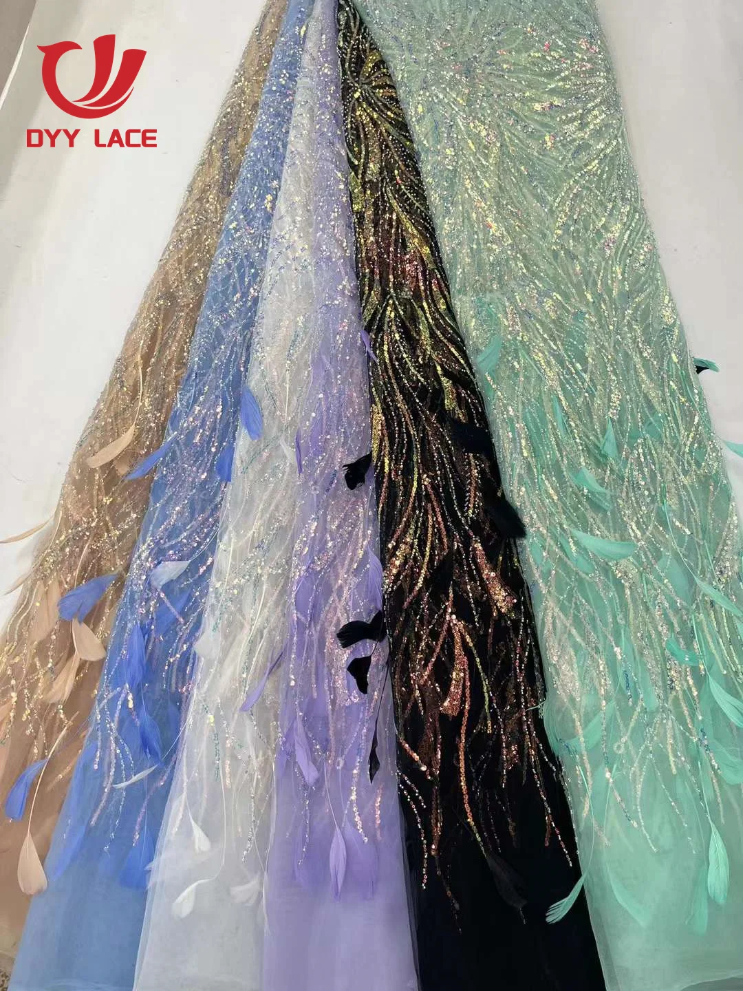 Latest African Nigerian Sequins Lace 2023 Fashion 3D Feather Embroidery French Tulle Lace Fabric For Bride Wedding Party Dress