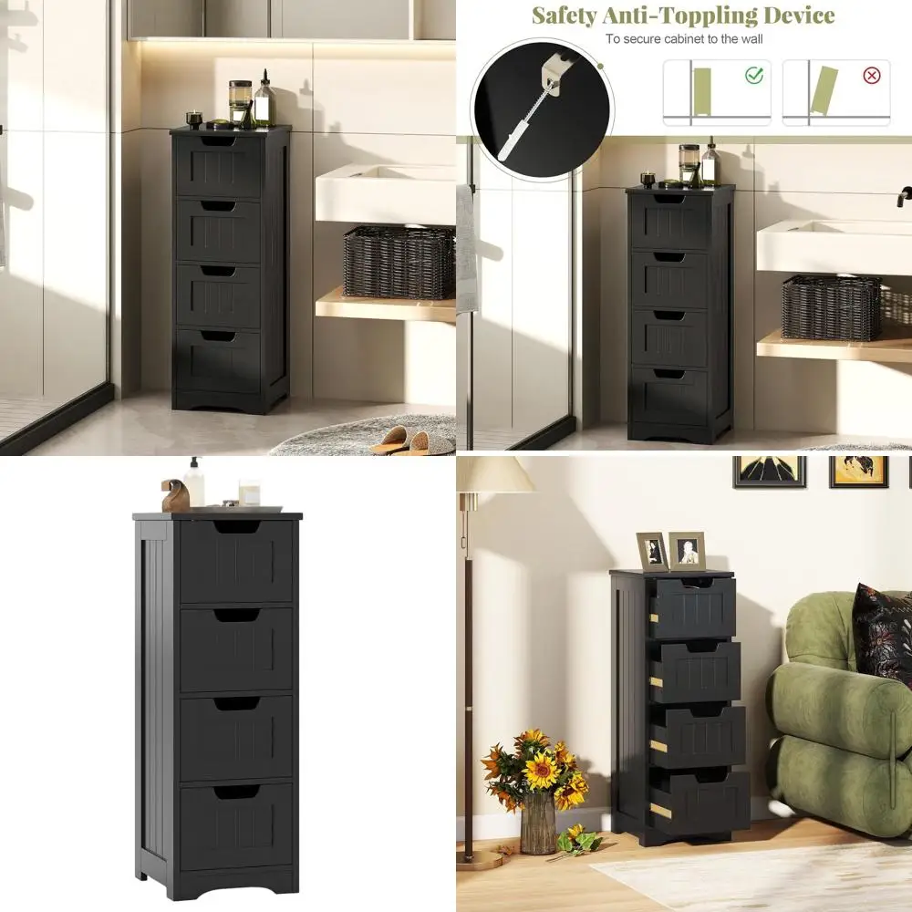 

Отдельно стоящий деревянный шкаф для хранения с 4 ящиками, 12x12x33 дюйма, для ванной комнаты, гостиной и домашнего офиса, черный цвет