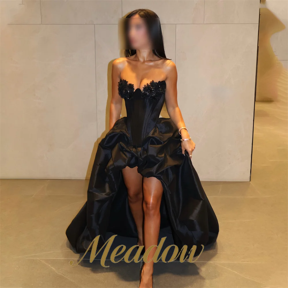 Meadow Black Long Train Formal Occasion Dresses 3D Floral on Bust Evening Gown Strapless Prom Evening Dresses Customizable