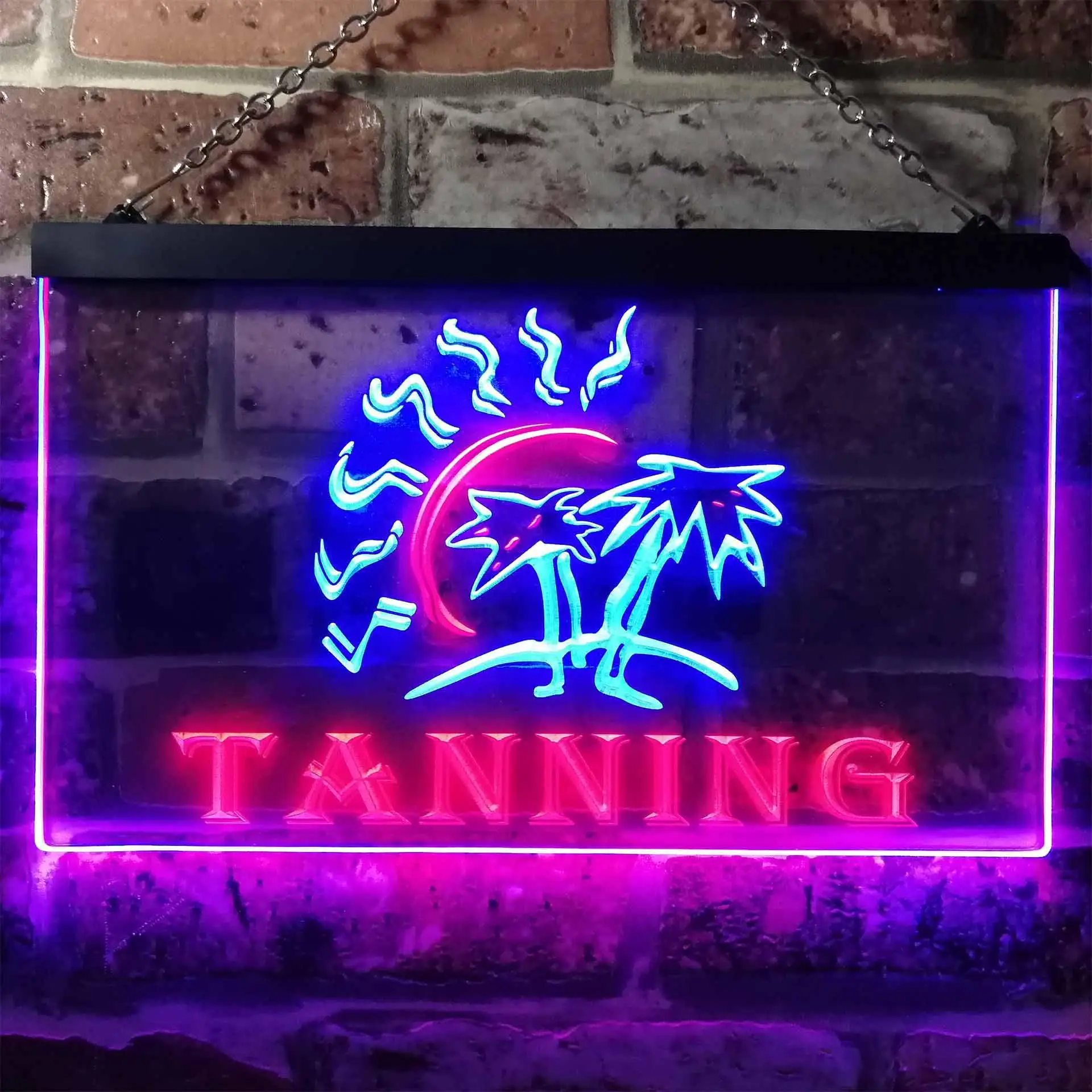 

TANNING. with Sun and Palm Trees Dual Color Led Neon Sign st6-i0187