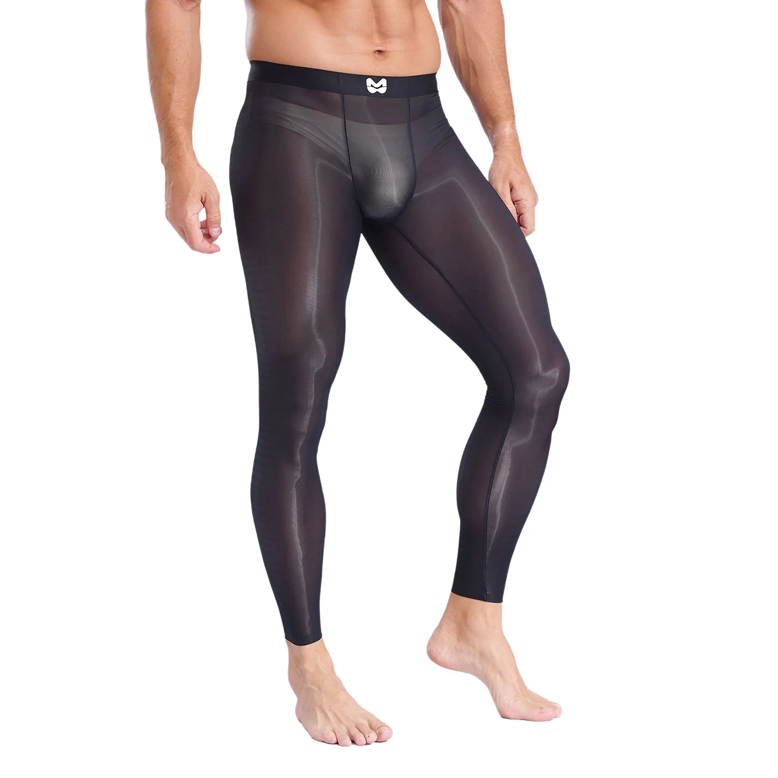 Mens Stretchy Ultra-Thin Leggings Ice Silky Yoga Fitness Leggings Bulge Pouch Tights See Through Pants for Gym Sports Workout