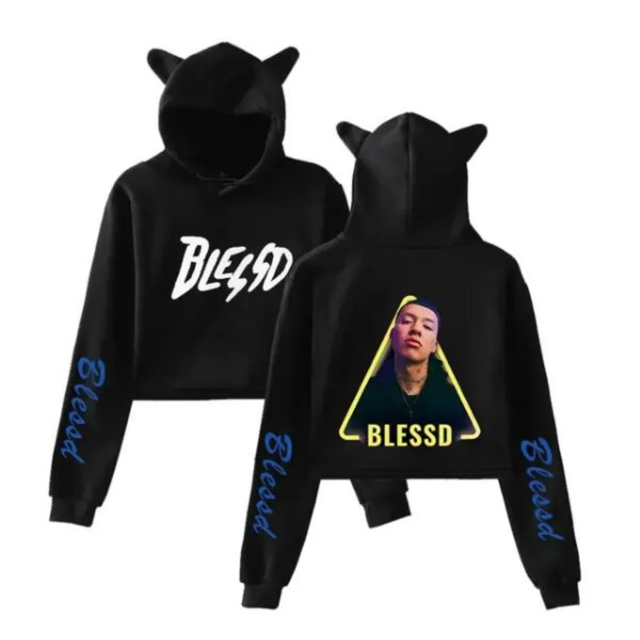 

Rapper Blessd Merch Crop Top Hoodie for Teen Girls Streetwear Hip Hop Kawaii Cat Ear Harajuku Cropped Sweatshirt Pullover Tops