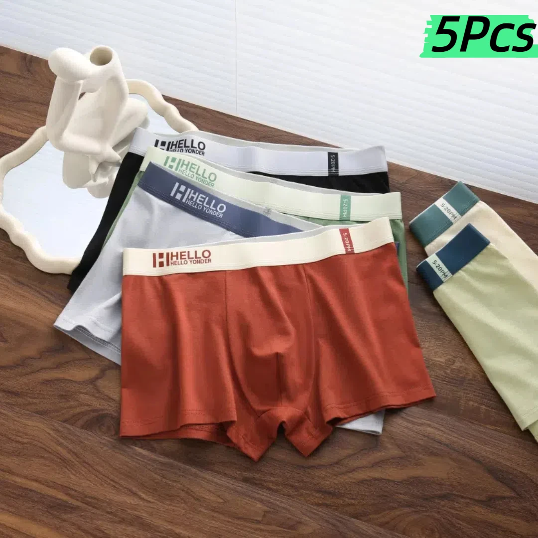 5Pcs Men's High-Quality Cotton Boxer Briefs Antibacterial Breathable Elastic Sports Underwear Solid Color Shorts