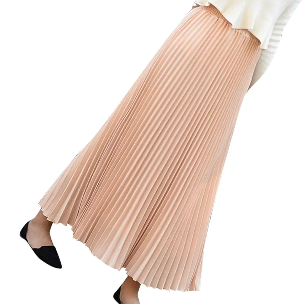 Elegant Long Skirts Womens Solid Pleated Elegant Midi Elastic Waist Maxi Skirt Korean Fashion Black Skirt Jupe Longue Femme