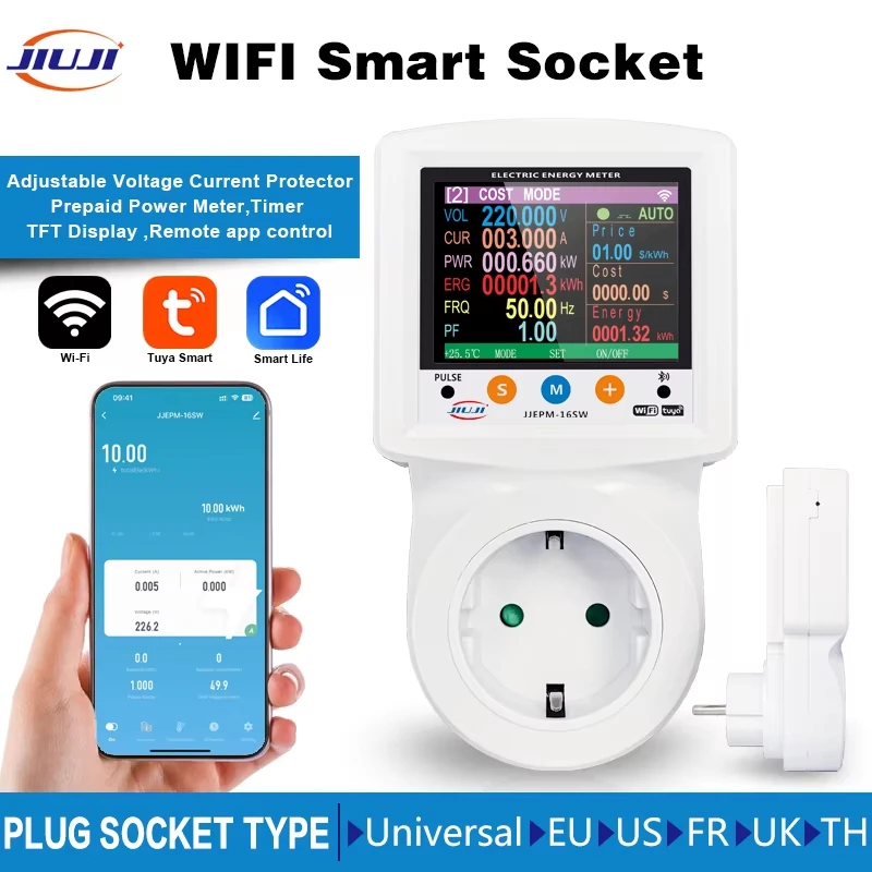 JIUJI JJEPM‑16SW Tuya WiFi Smart Plug 90‑265V Household Digital Energy Meter Over‑Under Voltage Safety Protector Socket