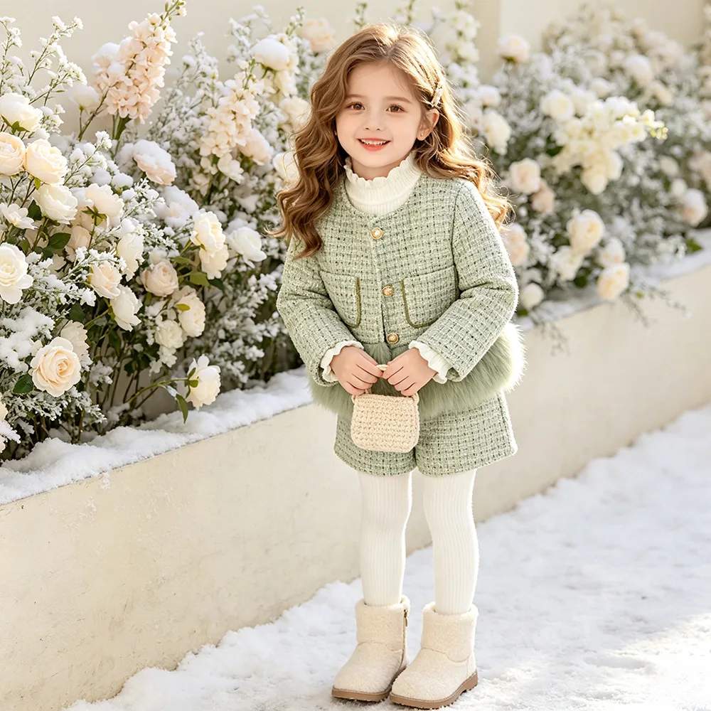 Girl Temperament Sets Autumn  Winter Korean Gentle New Plush Splice Wool Coat and Short Two Price Sets