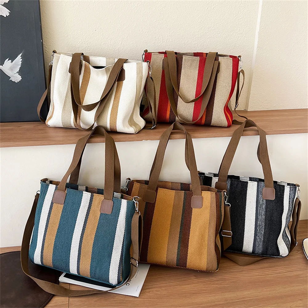 Women\'S Canvas Handbag Striped Large Capacity Female Bag Fashion Commuting Casual Handheld Tote Bag Shoulder Crossbody Bag