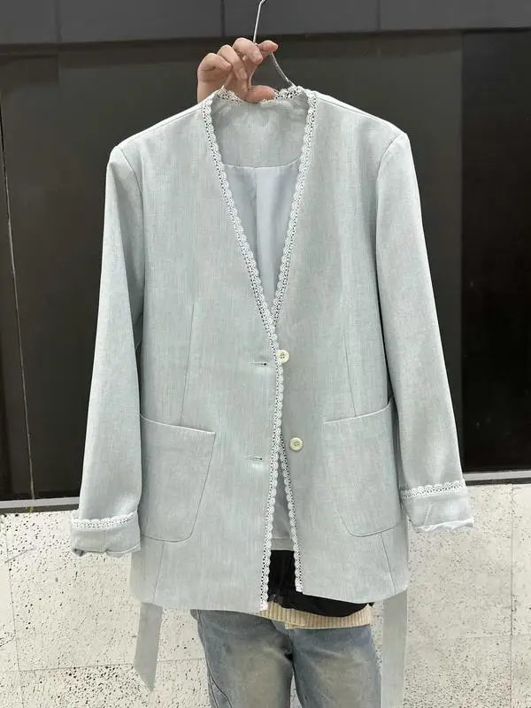 

Элегантный женский пиджак из чистого льна с V-образным вырезом, кружевной отделкой и поясом, с длинными рукавами, модный, весна 2026, милый стиль SJ015
