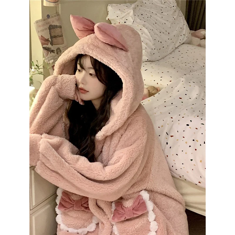 Bow Robe for Women Sleepwear Nightdress Winter Night Wears Warm Fleece Pajama One Piece Nightgown Pocket Long Sleeve Homewear