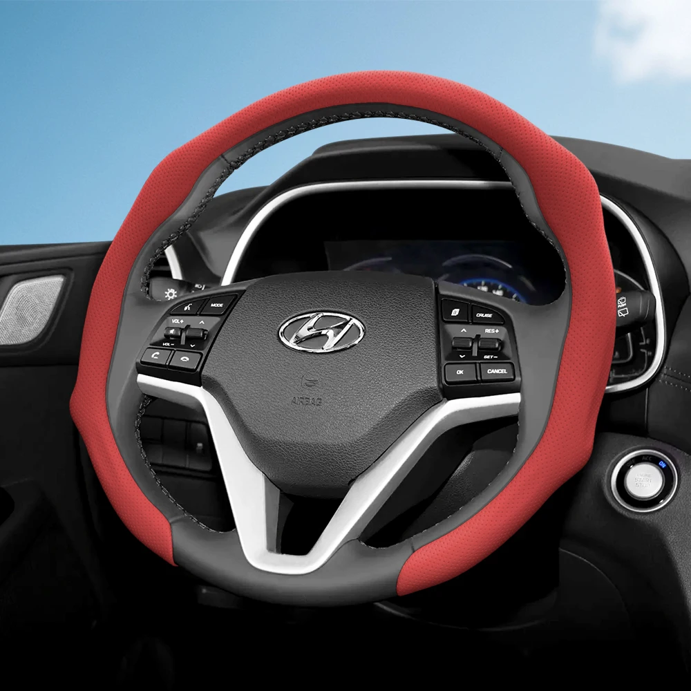 Suitable for Hyundai Perforated Leather Steering Wheel Cover, Non-Slip, Sweat-Absorbent, Breathable, Integrated Protective Case Elantra N Sonata Ioniq 5 5N 6 9 I30 I20 Venue Kona Santa Cruz Tucson Santa Fe Palisade
