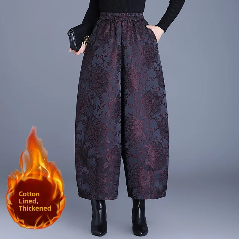 New Chinese Style Embossed Thousand Layer Rose Slimming Heavy Embroidery Flower Bud Loose Wide Leg Cotton Pants Harlan Pants