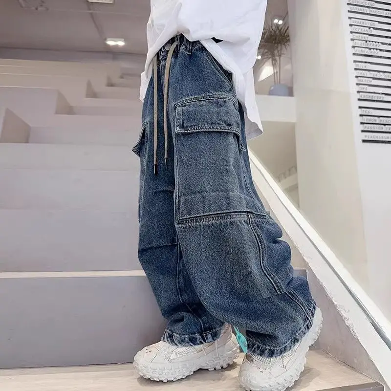 

2025 New Boys Cargo Jeans Straight Wide Leg Spring Autumn Toddler Boys Big Boys Spring Fashion Jeans