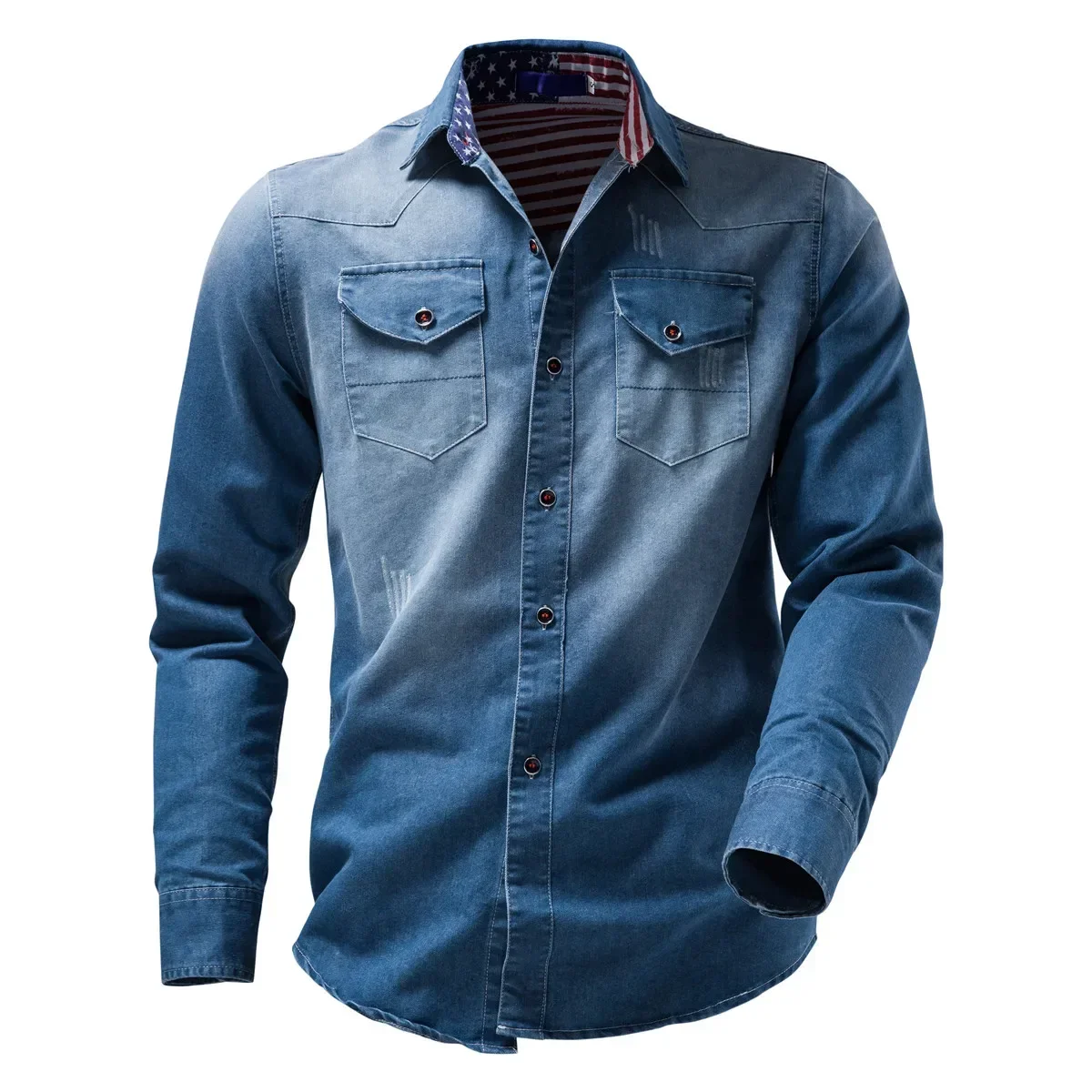 

2023 Spring/Summer Wash Men's Fashion Casual Gradient Denim Shirt Long Sleeve Shirt