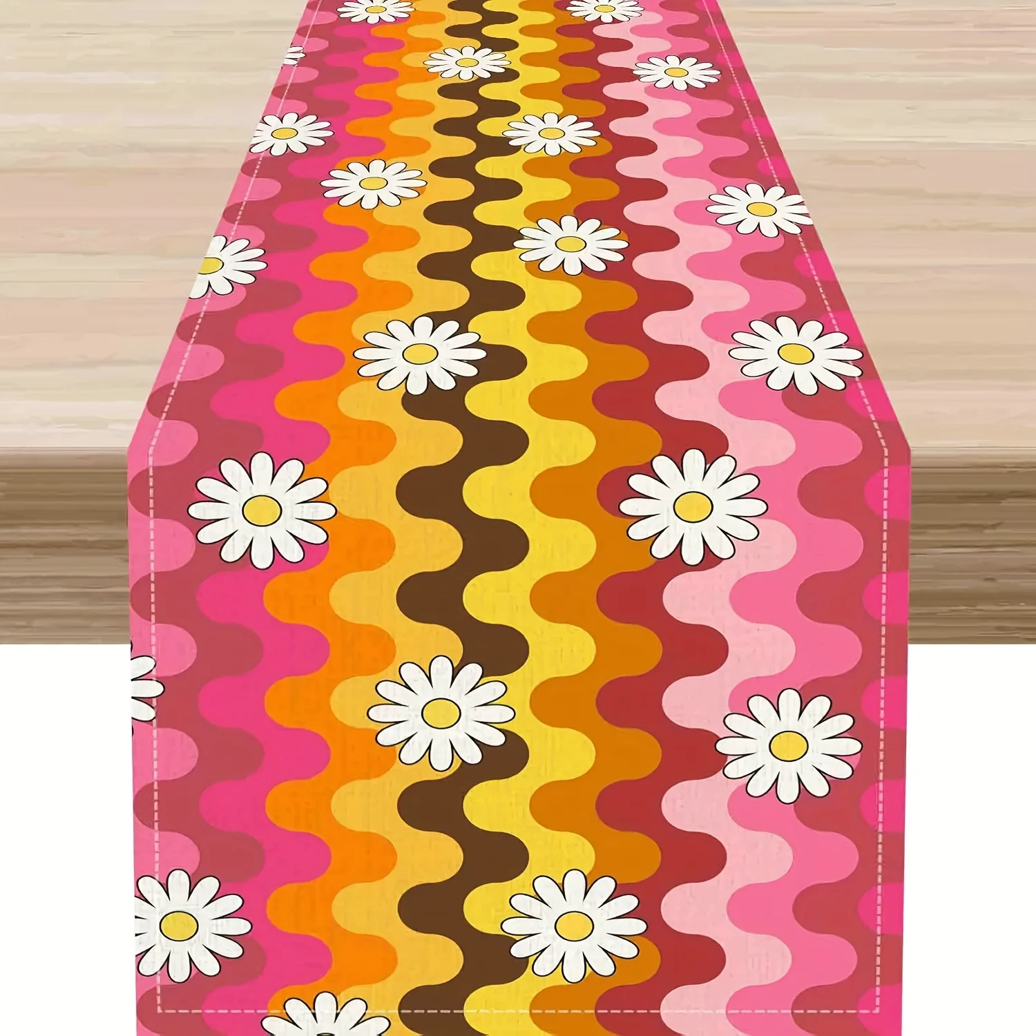 

Retro Hippie Daisy Table Runner Pink, Yellow & Orange Wavy Design with White Daisies Use for Kitchen, Dining, Patio & Coffee