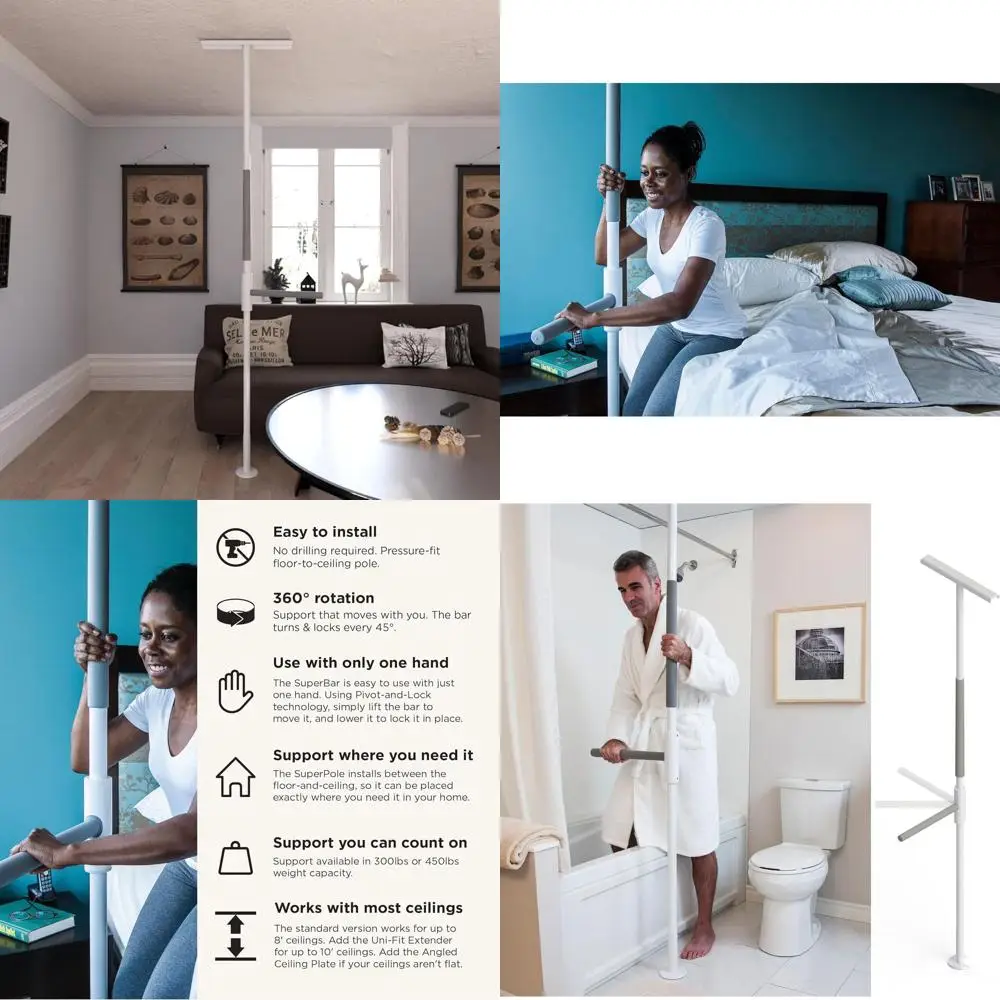 Bariatric SuperBar, Universal Floor to Ceiling Grab Bar (8Ft), Transfer Pole for Seniors & Handicapped, Elderly Adults- Bedroom,