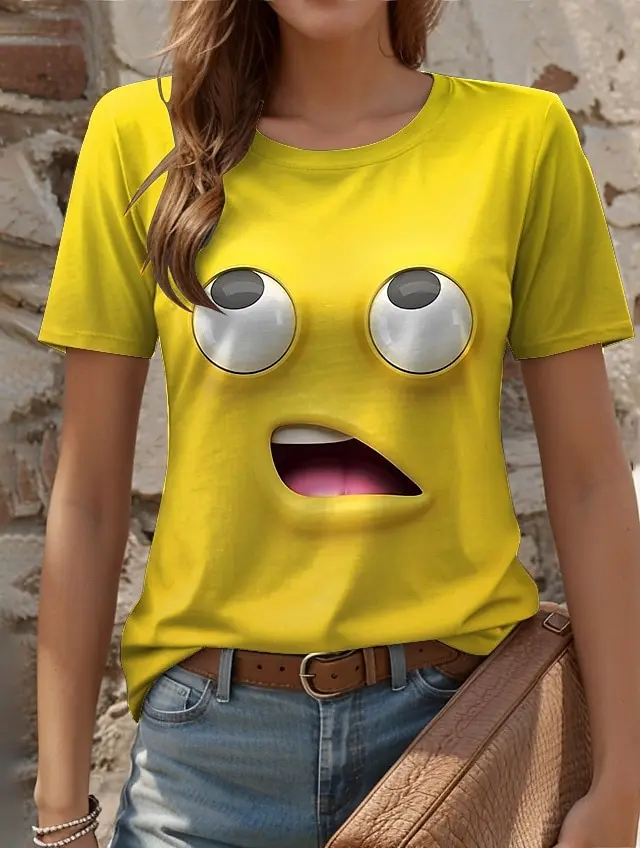 3D Printed Fun Expression Pattern Women's T-shirt Summer Casual Round Neck Top Short Sleeve Loose T-shirt Daily Short Sleeve