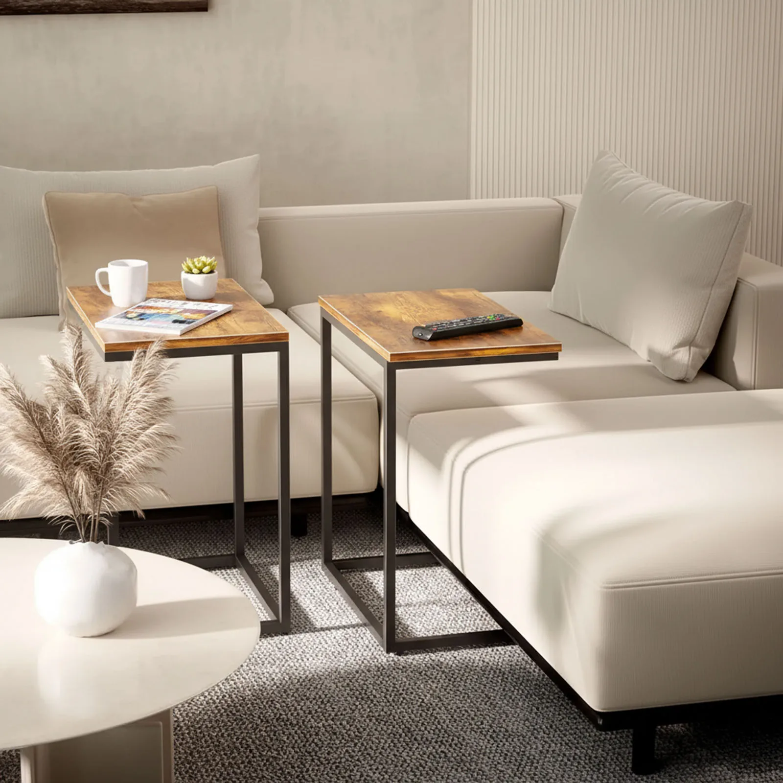2pcs C Shaped End Table 27 Inches High, Side Table for Couch Slide Under, C Table Sofa Side End Table for Living Room