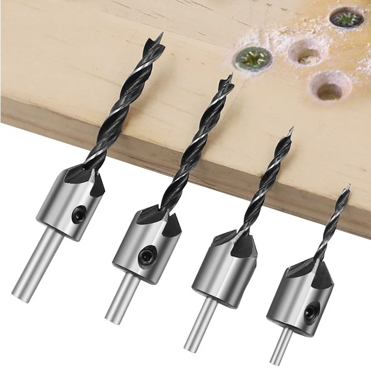 4pcs Carpentry Drill+1pc Wrech 3mm-6mm HSS Flute Countersink Drill Bits Set Chamfer Reamer For Woodworking Drill Bit Power Tools